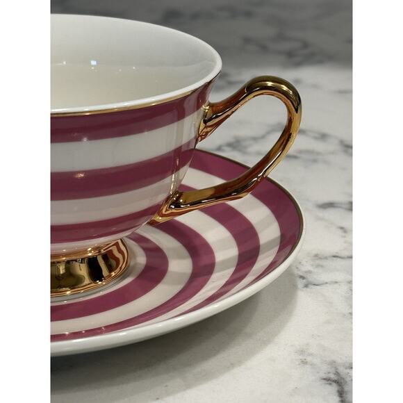 Afternoon Tea Pink White Stripe Gold Tea Cup Saucer Set - Picture 4 of 11